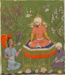 Folio uit Ajaib al-Makhluqat (Wonderen der Schepping) door al-Qazwini; Geheiligde figuur op een troon