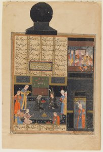 Folio uit Khamsa (Kwintet) door Nizami; Bahram Gur en de prinses in het zwarte paviljoen