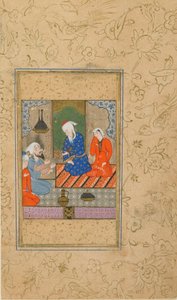 Folio uit Yusuf u Zulaykha door Jami; Zulaykha en een oudere man luisteren naar een gesprek door Persian School