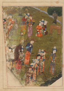 Folio uit een Zafarnama; recto: Timur verleent een audiëntie ter gelegenheid van zijn troonsbestijging in Balkh; verso: tekst, Shiraz, Iran, Timurid periode, 1436 door Persian School