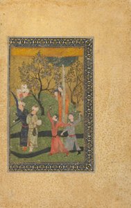Folio uit een onbekende tekst; Een prins en prinses omringd door hovelingen in een tuin, Iran, Turkoman periode, ca. 1480