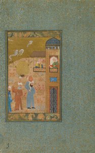 Folio uit een onbekende tekst; Twee mannen met kruiken naderen een gebouw door Persian School