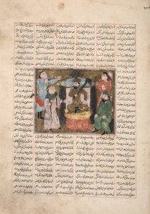Gordiyeh adviseert haar broer Bahram Chubineh om niet naar de Perzische troon te streven, c.1330 door Persian School