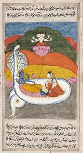 Krishna op een Witte Slang met een vrouw die zijn voeten wast en een godheid die oprijst uit een lotus, illustratie uit De Mahabharata, 1850