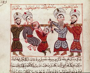 Geneeskunde: orthopedische ingreep. Miniatuur uit een melkboek van de Turkse geneeskunde door Charaf-ed-din (Charaf ed Din) (1404-1468) na 