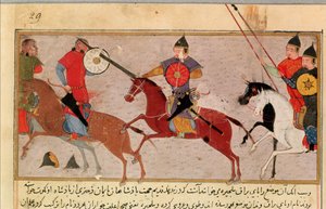 Ms Pers.113 f.29 Genghis Khan (c.1162-1227) vecht tegen de Tartaren, uit een boek door Rashid-al-Din (1247-1318)