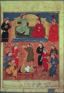 Arghan Khan met twee van zijn vrouwen en zijn zoon Ghazan, uit een boek van Rashid ad-Din (1247-1318) door Persian School