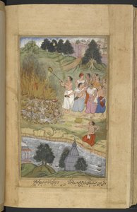 Arjuna verbrandt de lichamen na de strijd tussen de Andhakas en Yadavas bij Prabhasa aan de kust van Gujarat. Ghee wordt op de brandstapel gegoten (Narayan) uit de Razmnāmah (