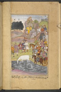 De ontdekking van het paard, Syamakarna, door Bhima die op de berg boven de stad Bhadravati zit en kijkt naar de soldaten van het leger van Raja Yauvanasva, uit de 