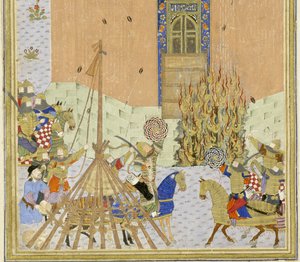 Perzisch 239 fol.223a Detail: Het fort van Gang Dizh aangevallen met mijnen, illustratie uit de Shahnama (Boek der Koningen), door Abul-Qasim Mansur Firdawsi (c.934-c.1020), 1444 door Persian School