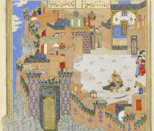 (detail) Isfandiyar doodt Arjasp in de Koperen Vesting, illustratie uit de Shahnama (Boek der Koningen)