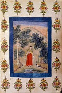 Perzische kunst: dame met twee bloemenkettingen die ze aan twee pauwen presenteert door Persian School