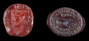 Perzische kunst: camee van Kavadh I (of Qobad, Kobad, Kabad) (488-496 n.Chr.) koning van het tweede Perzische rijk en agaatstempel van de Sassanidische periode. 5e of 6e eeuw n.Chr. Parijs, B.N. door Persian School