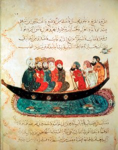 Perzische boot, reizigers vervoerend en aangedreven door roeiers, op de Eufraat, ca. 1240