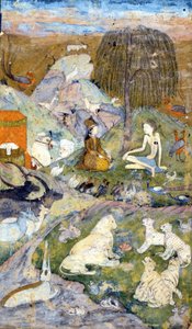 Perzische miniatuur uit de 17e eeuw die de Schepping van de Wereld voorstelt: Man en Vrouw worden afgebeeld bij de boom des levens, evenals alle dieren. Zoroastrisme: religie van Zarathustra (Zarathustra, Zarathushtra, Zarathustra of Zoroastra)