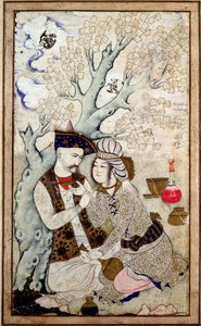 Portret van sjah Abbas I met een van zijn pages, gesigneerd Muhammad Qasim door Persian School