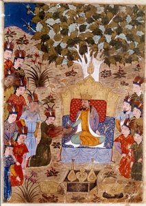 Afbeelding van Chaghtai Khan (1227-1242) op zijn troon, hij is de zoon van Genghis Khan te paard. Perzische miniatuur uit Jami al-Tawarikh (Universele Geschiedenis) door historicus Rashid al-din (1247-1318) Rond 1430.