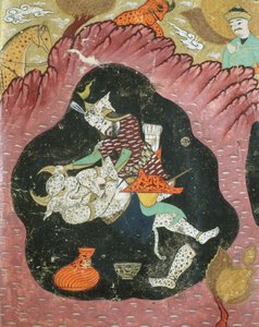 Rostam doodt de Witte Demon in een grot, illustratie uit de Shahnama (Boek der Koningen) door Abul-Qasim Manur Firdawsi (ca. 934-ca. 1020) 1615 door Persian School