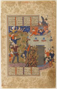 Rustam en zijn mannen vallen het fort van Gang Dizh aan uit een Shahnama