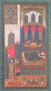 Tahmina komt in Rustams kamer, illustratie uit de Shahnama (Boek der Koningen), door Abul-Qasim Manur Firdawsi, uit Herat, Afghanistan, c.1410 door Persian School