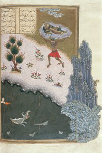 De slapende Rustam door de lucht gedragen door de demon Akwan, illustratie uit de Shahnama (Boek der Koningen) door Persian School