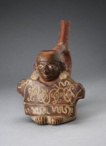 Beugel tuitvat dat een man afbeeldt die een versierd textiel vasthoudt, 100 v.Chr.-A.D. 500 door Peruvian School