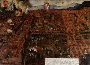 Uitzicht op Cuzco ten tijde van de aardbeving van 1650 door Peruvian School
