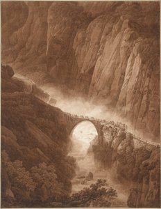 De Duivelsbrug in de Schöllenenschlucht op de Weg over de St. Gotthardpas met een Muilezelkaravaan