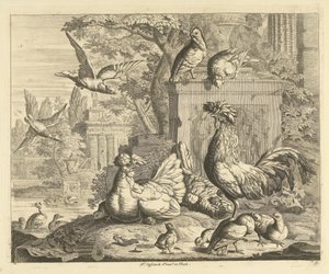 Haan, hen met kuikentjes en andere vogels in een tuin met antieke ruïnes Verschillende vogels (serie) door Peter Casteels (III)