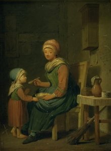 Een boerin die haar dochter iets te eten geeft door Peter Cramer