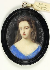 Een dame in blauw lijfje met bruine kap door Peter Cross