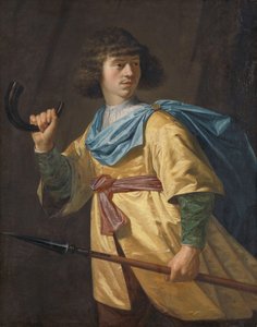 Portret van een jonge man met een speer en een jachthoorn