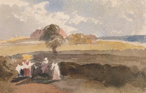 Landschapsschets met figuren op de voorgrond