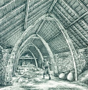Middeleeuwse pastorie schuur, Wharram Percy, North Yorkshire, ca. 1988-2005