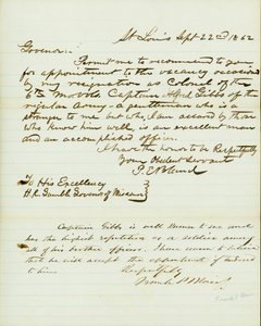 Brief ondertekend P.E. Bland, St. Louis, aan H.R. Gamble, Gouverneur van Missouri, 22 september 1862 door Peter E. Bland