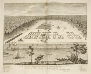 Een uitzicht op Savannah zoals het stond op 29 maart 1734, gegraveerd door P. Fourdrinier, Londen, c.1735 door Peter Gordon