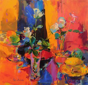 Stilleven tafel met rozen en fruit door Peter Graham (Contemporary)