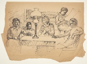 De familie van de kunstenaar zittend rond een tafel met een petroleumlamp