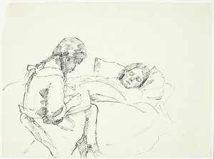 Klein meisje leest voor aan een zieke (de vrouw en dochter van de kunstenaar) door Peter Hansen