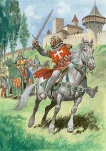 Een ridder buiten een kasteel (gouache op papier) door Peter Jackson