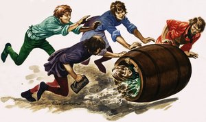 Een pas gekwalificeerde leerling wordt in bier gedompeld en in een vat gerold door Peter Jackson