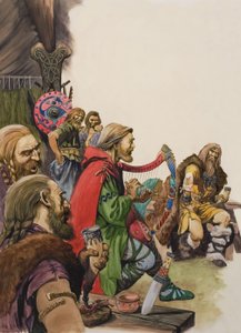 Alfred (849-899) vermomd als minstreel in het kamp van koning Guthrum (gouache op papier) door Peter Jackson
