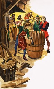 Een leerling van een kuiper wordt door een gildefunctionaris geobserveerd terwijl hij aan de ringen van een vat werkt door Peter Jackson