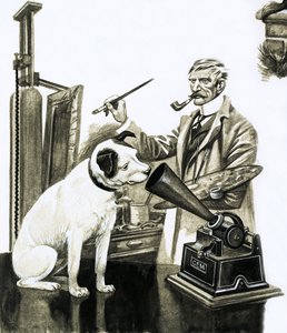 Kunstenaar schildert de hond die naar een grammofoon luistert door Peter Jackson