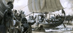 Cleopatra in haar schuit (gouache op papier) door Peter Jackson