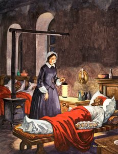 Florence Nightingale. De Dame met de Lamp, bezoekt de zieke soldaten in het ziekenhuis