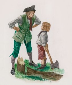 George Washington, na het omhakken van de kersenboom, met zijn vader
