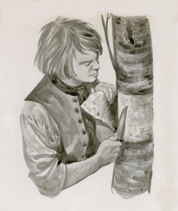 George Washington schilt schors van een boom om op te schrijven