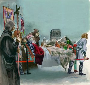 Koning Edward, later Sint Edward de Belijder, kijkt naar de bouw van Westminster vanuit een draagstoel waar hij ziek ligt