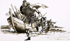 Koning Vortigern bracht twee barbaarse stamhoofden - Hengest en Horsa - naar Brittannië door Peter Jackson
